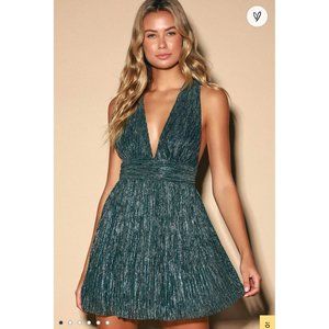 Lulus Dress Ailey Gold and Teal Blue Skater Dress Mini Statement Plunge